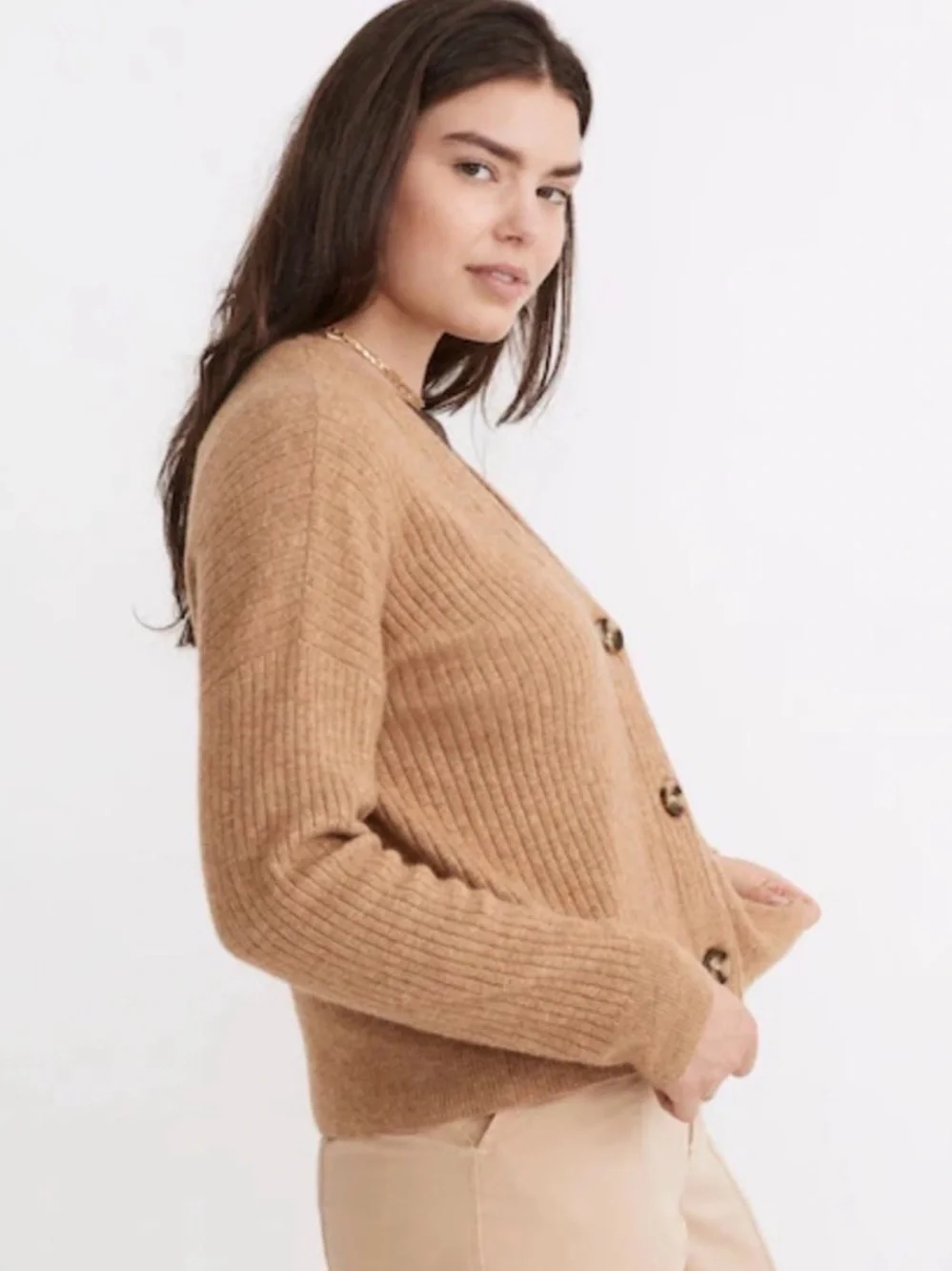 Madewell Ribbed V-Neck Button Cardigan in Camel size L. EUC. No flaws. - Picture 2 of 7